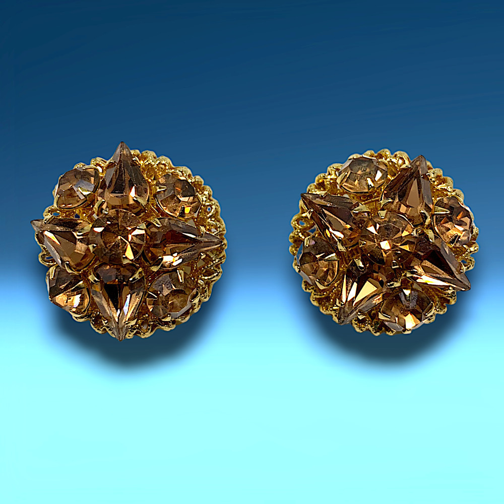 Vintage 1960's Amber Crystal Button Cluster Earrings Clip On Runway Couture